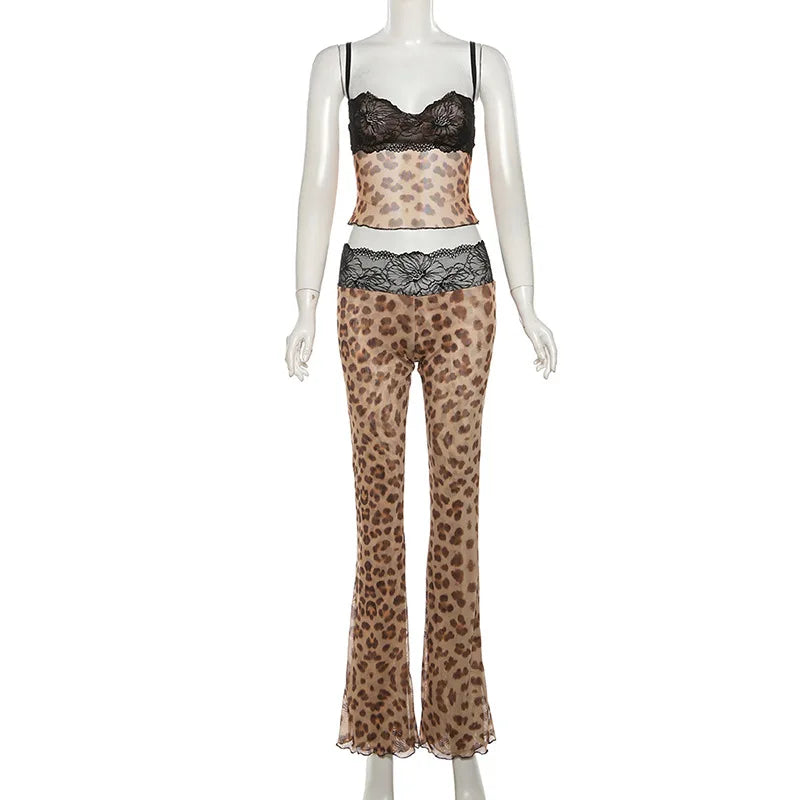 Lace Patchwork Leopard Print Sheer Mesh 2 Piece Set