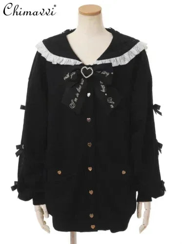 Sudadera japonesa Liz Mine masivamente producida con cuello marinero, lazo de cinta, estilo preppy dulce, Y2K, para mujer, otoño, bonita, oversize