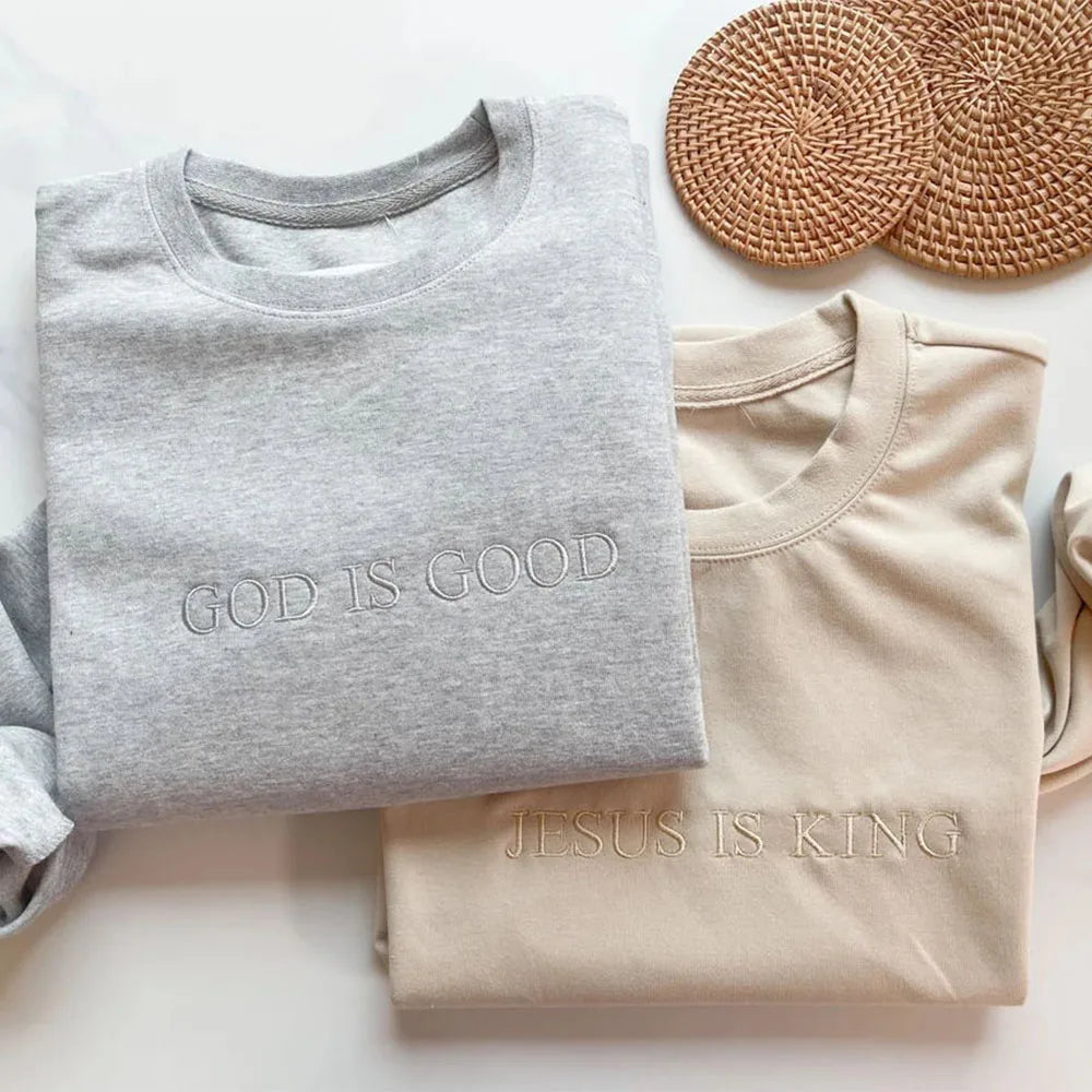 Sudaderas informales bordadas con letras "God is Good" para mujer, jerséis finos de algodón, holgados de primavera, sudadera cristiana de manga larga