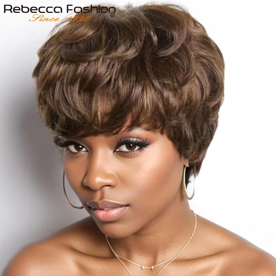 Mixed Brown Short Pixie Cut Curly 100% Human Hair Wig For Women Brazilian Remy Hair Colored Side Part Full Machine Wigs