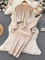 Long Sleeve Pearl Sweater + Knitted Camis Dress Set