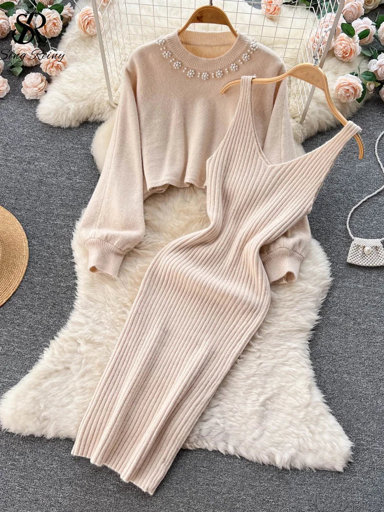 Long Sleeve Pearl Sweater + Knitted Camis Dress Set