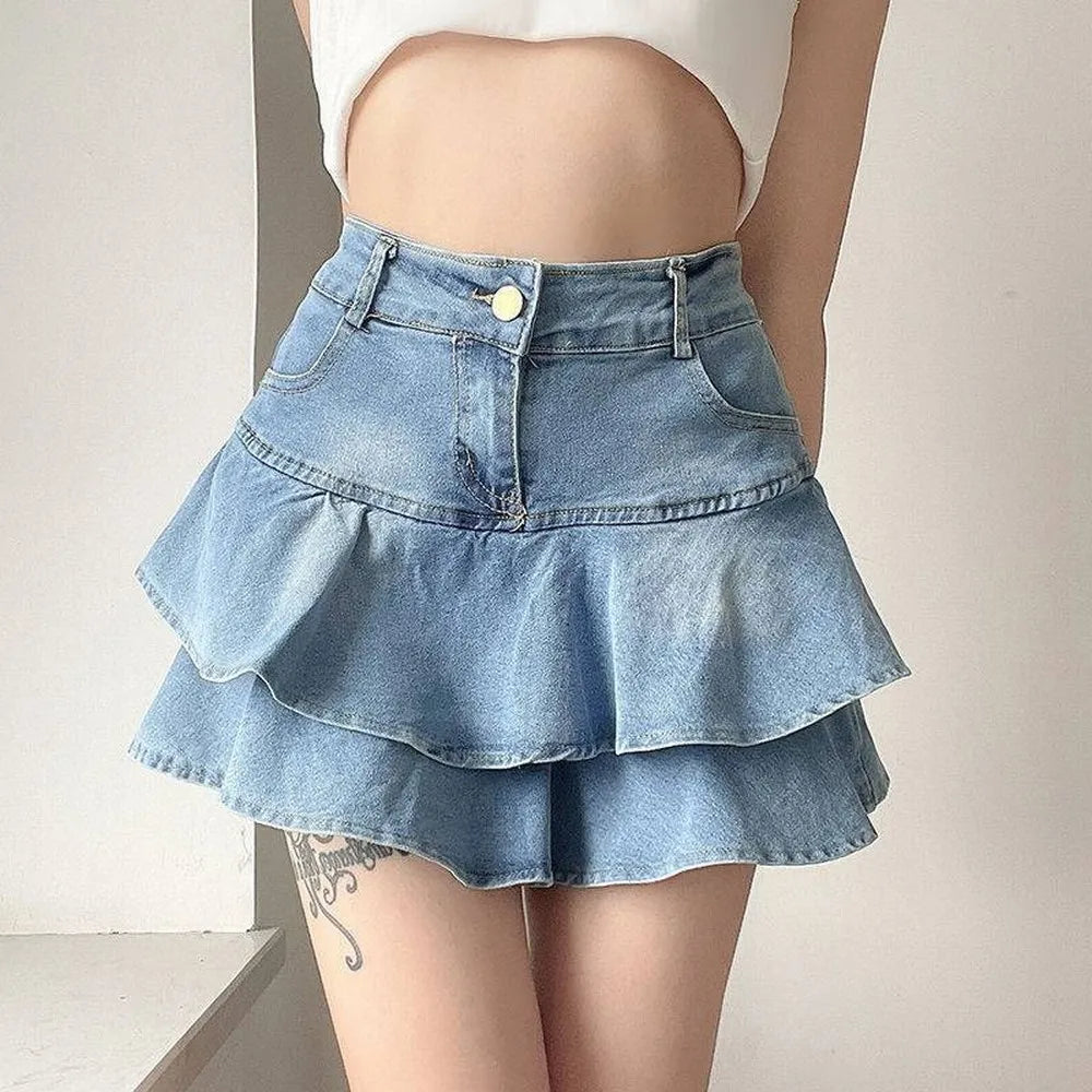 Falda pantalón vaquera vintage para mujer, moda coreana de verano, cintura alta, línea A, lavado azul, delgada, bonita, sexy, minifalda vaquera con volantes para mujer