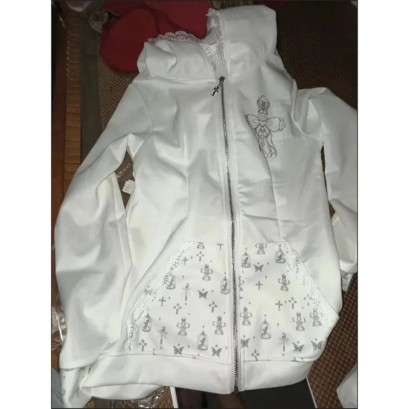 Rabbit Ear Hooded Lace Long Sleeve Sweatshirts Jacket + High Waist Cake Skirt