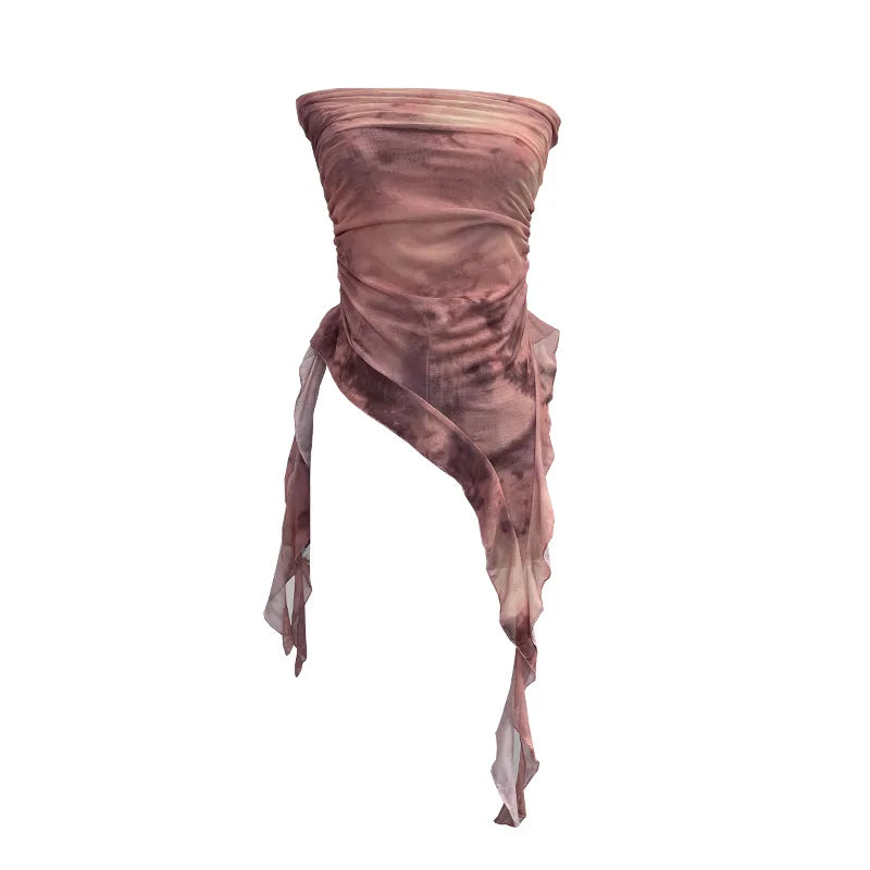 Tie-Dye Mesh Ruffle Edge Asymmetric Tube Top