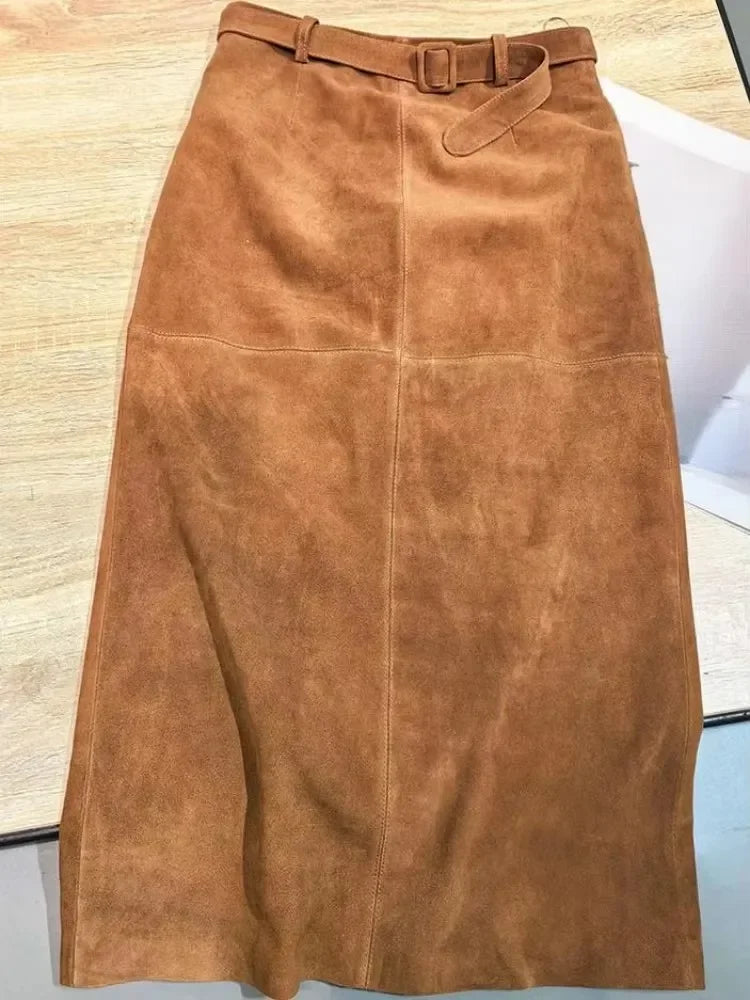 Genuine Leather Suede Long Skirt