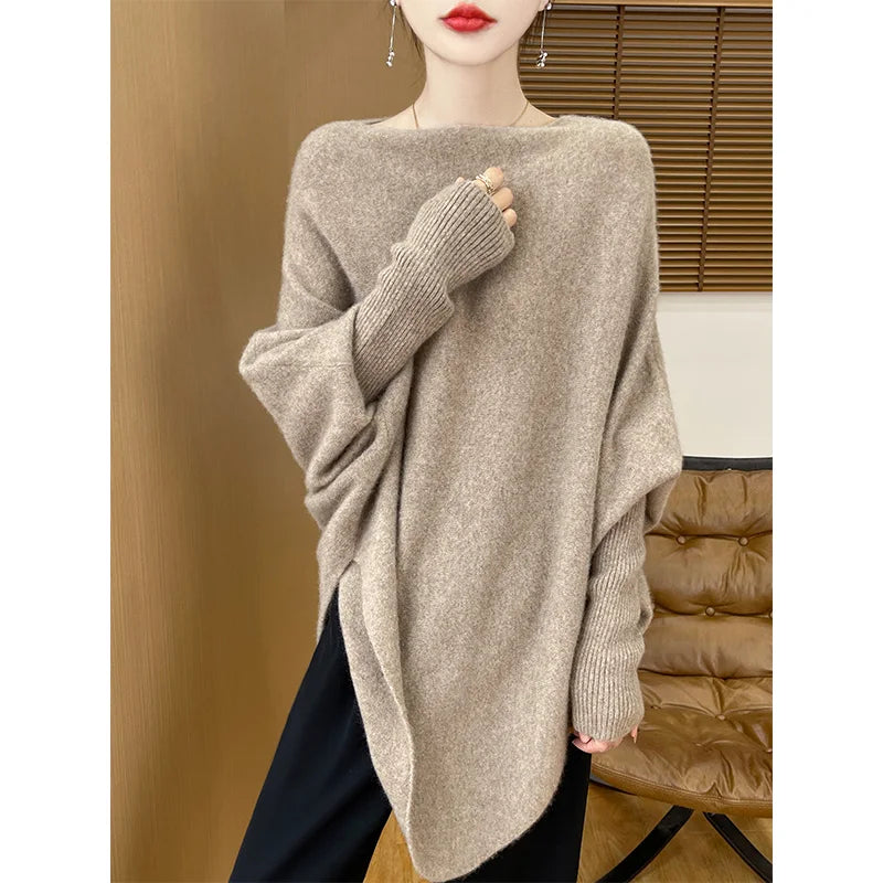 Suéter de Lana Francés para Mujer Manga Larga Color Liso Jersey Cuello Redondo Suelto de Punto Tipo Chal