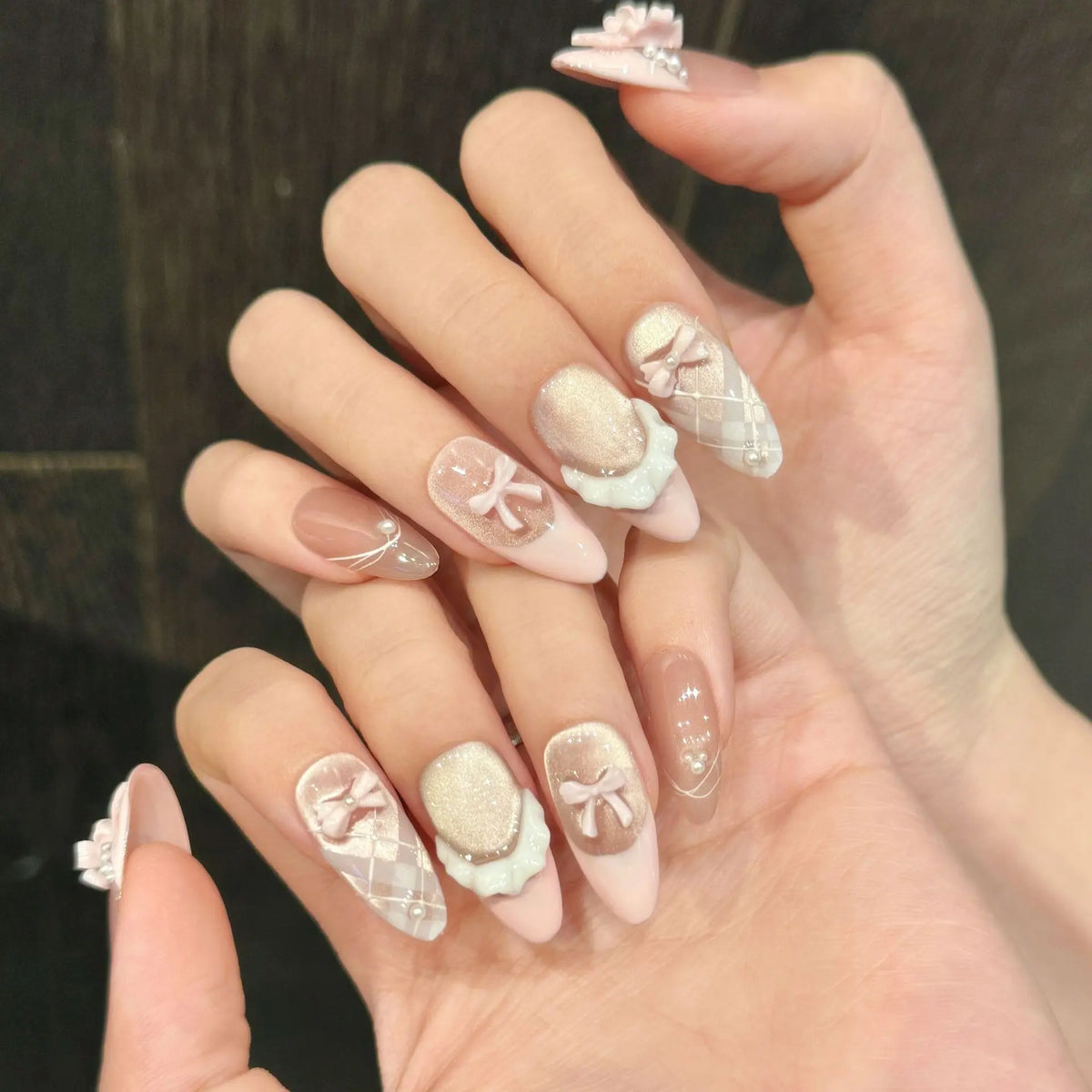 10pcs French Cat Eye Pink Bow Handmade Press on Nails