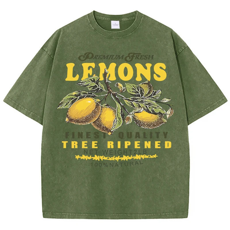 Premium Fresh Lemons Fruit Print Washed T-Shirt