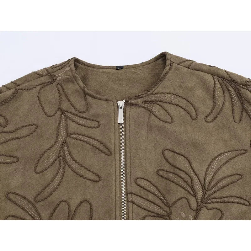 Chaqueta Bomber de Piel Sintética con Bordados para Mujer Suninheart 2025, de Manga Larga, Cuello Redondo, Holgada, Abrigo Corto de Otoño e Invierno