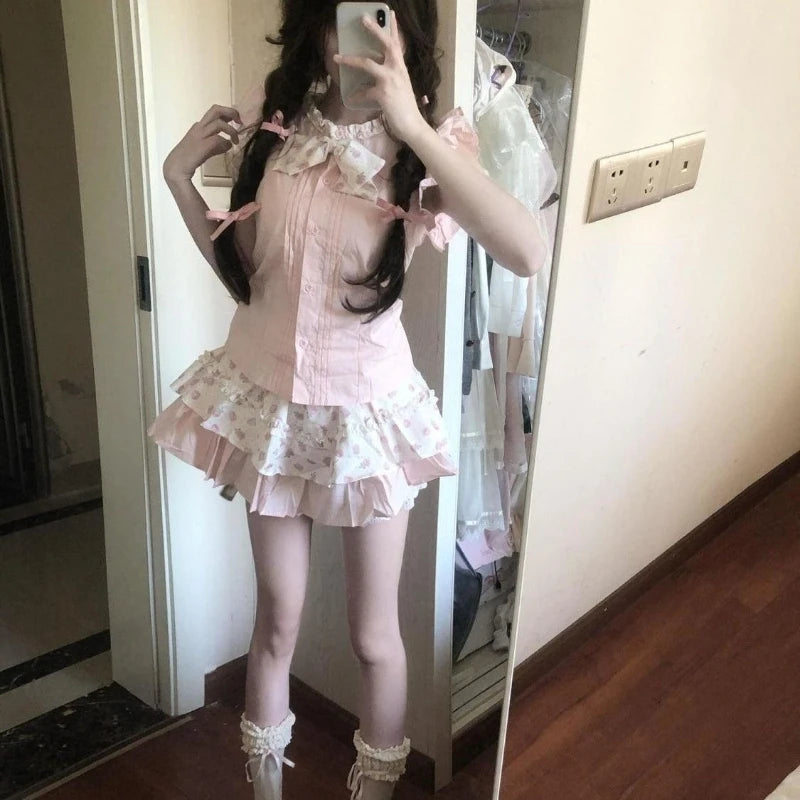 Sweet Ruffle Lace Puff Sleeve Top + Cake Skirt Set