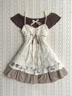 Conjunto de tres piezas de camisola de encaje y manga corta