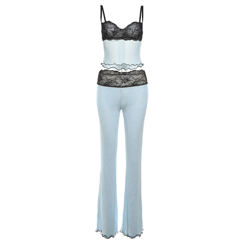 Lace Patchwork Leopard Print Sheer Mesh 2 Piece Set