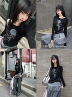 Rose Print Lace-paneled Long Sleeve O-neck T-Shirt