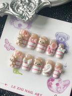 Uñas Postizas Kawaii con Diseño 3D de Oso Cuadradas Cortas