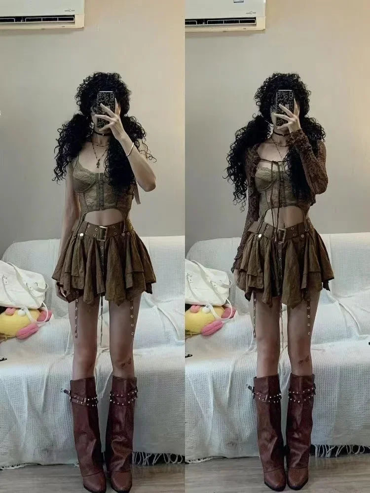 3-Piece Mocha Brown Lace Corset, Flare-Sleeve Tie-Front Shrug & Grommet Belt Tiered Mini Skirt Set