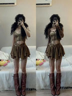 3-Piece Mocha Brown Lace Corset, Flare-Sleeve Tie-Front Shrug & Grommet Belt Tiered Mini Skirt Set