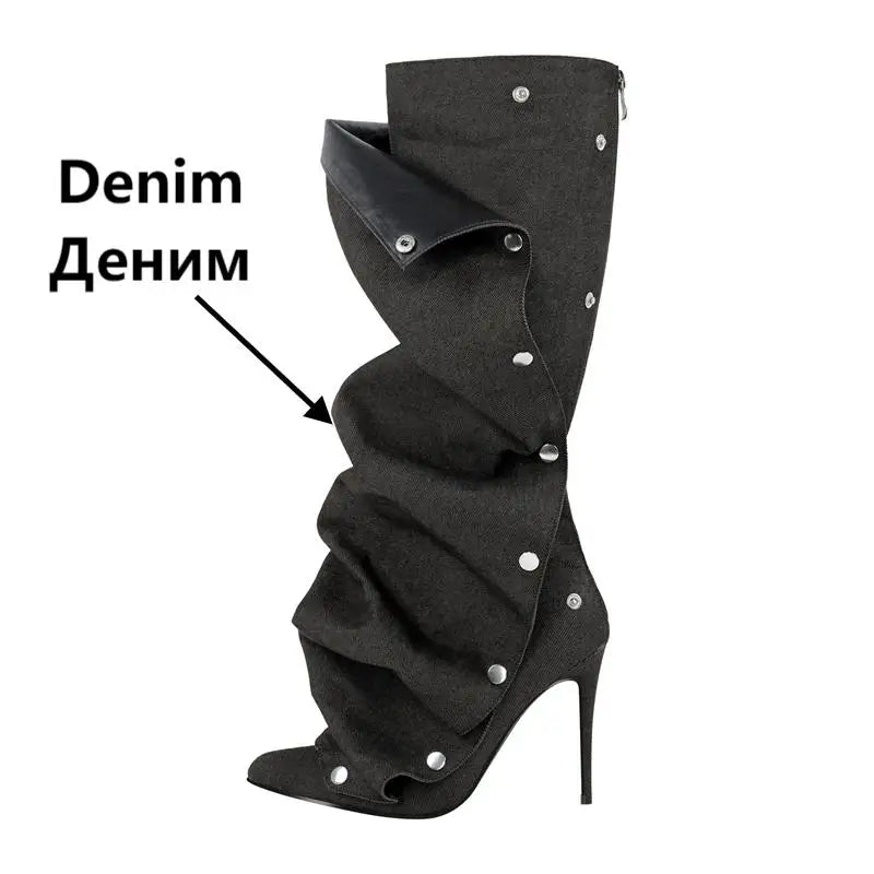 Pointed Toe Pleated Thin Heel Knee High Boots