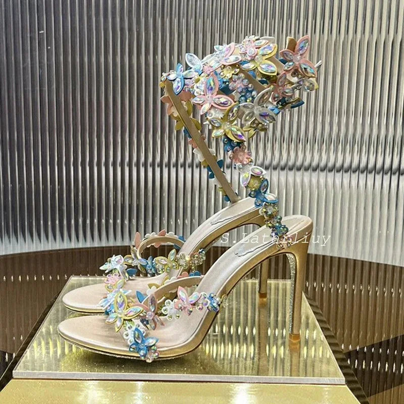 Crystal Flower Thin High-Heeled Sandals