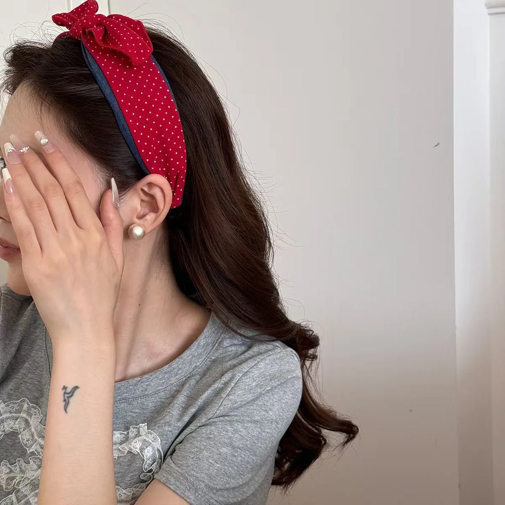 polka dot denim bow wide edge headband
