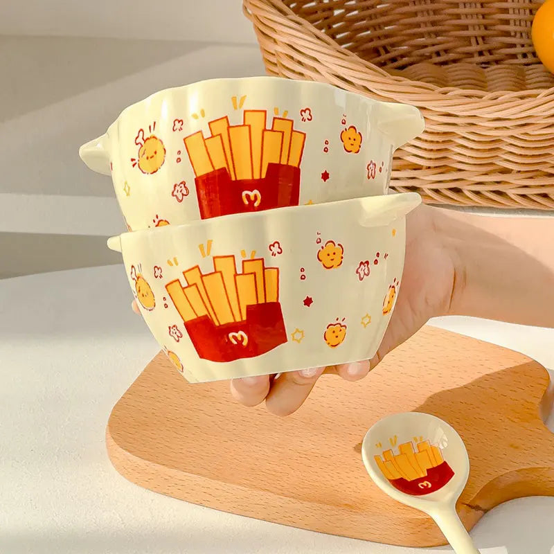 French Fries Ceramic Double Handle Bowl with Spoon