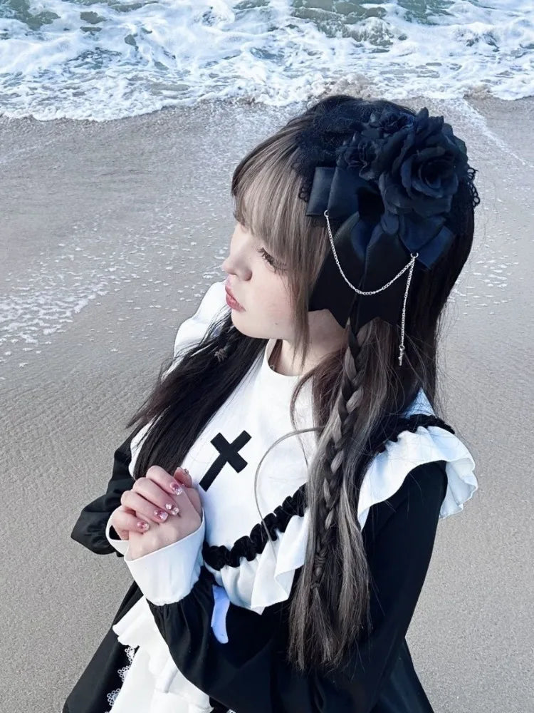 Ruffled Fairy Sweet Long Sleeve Dress Kawaii Lolita Lace Patchwork Dresses Y2k Aesthetic Ball Gown Contrast Color  Robe Women