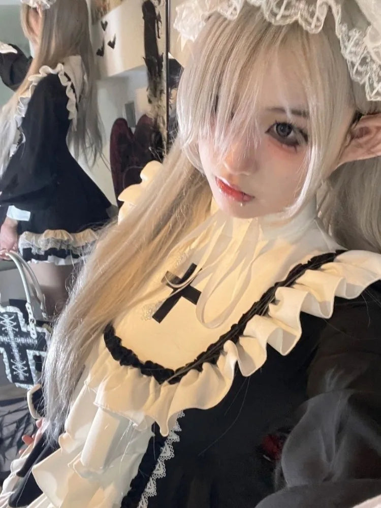 Ruffled Fairy Sweet Long Sleeve Dress Kawaii Lolita Lace Patchwork Dresses Y2k Aesthetic Ball Gown Contrast Color  Robe Women