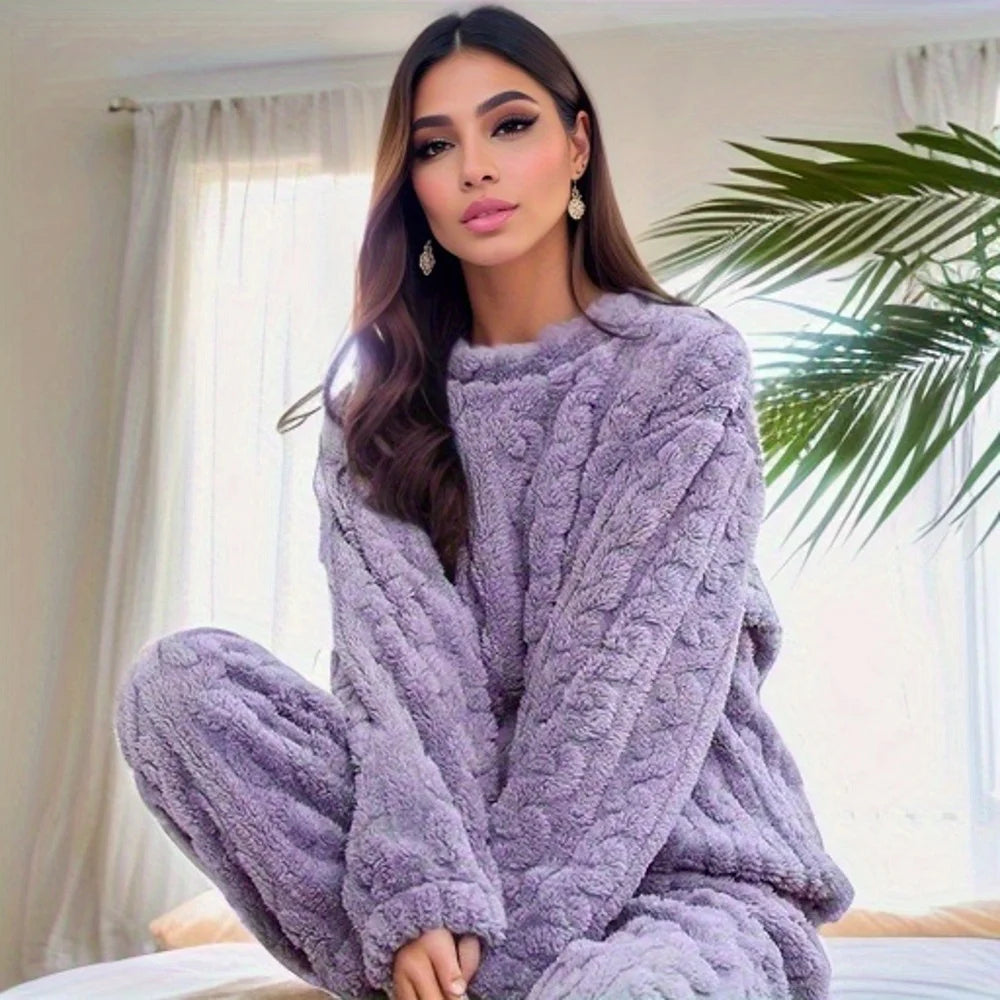 O-Neck Pullover Top + Plaid Loose Elastic Waist Pants Set
