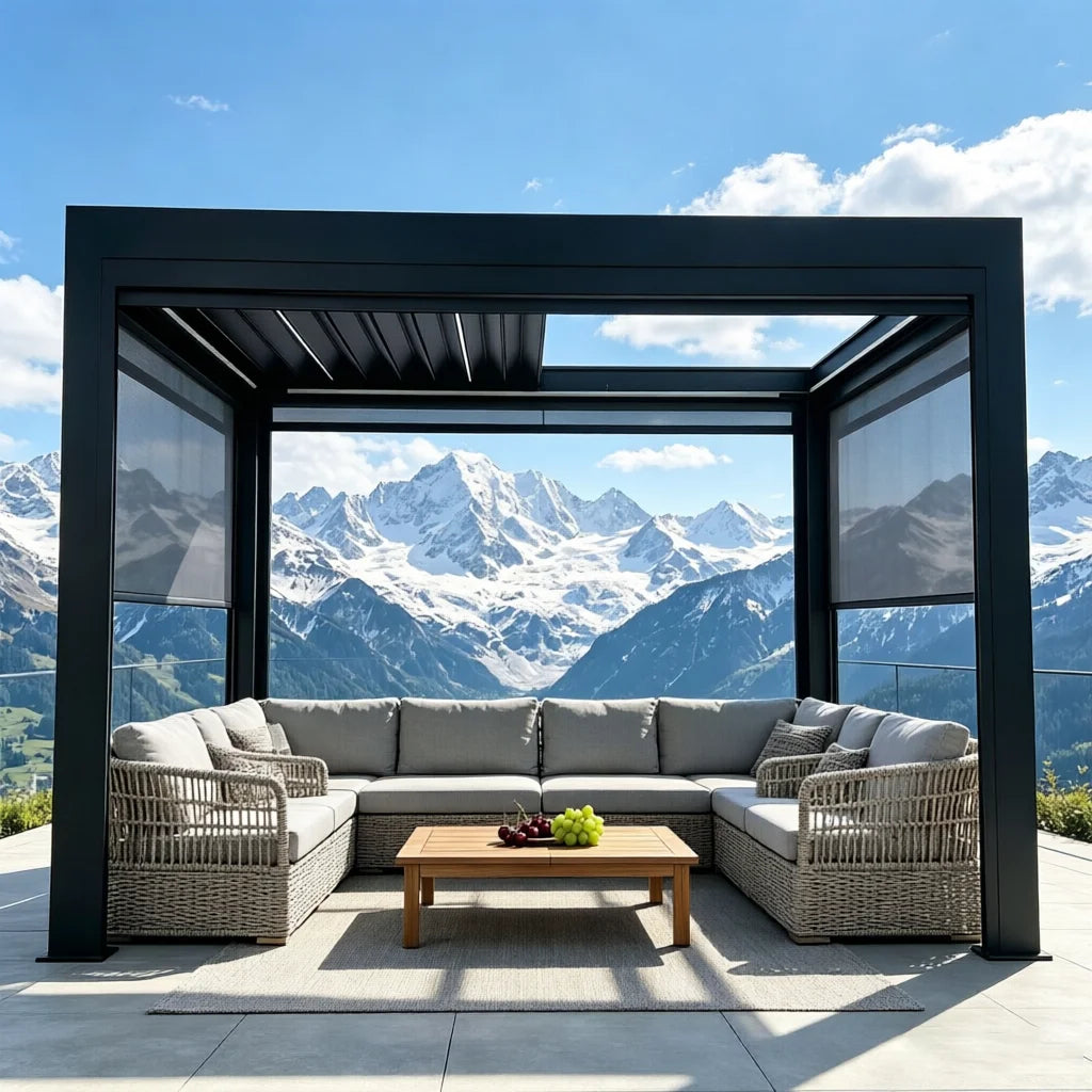 Motorized Retractable Outdoor Gazebo with Louvered Roof, Waterproof, Pressure & UV Resistant