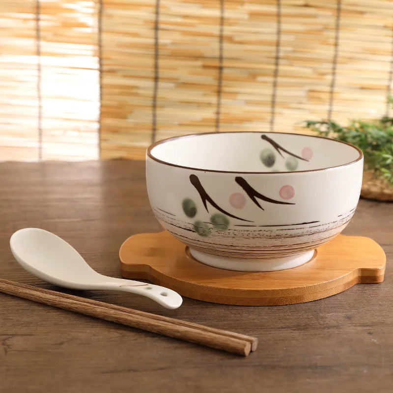 Ceramic Japanese Style Rice Noodle Bowl with Lid Spoon Chopstick
