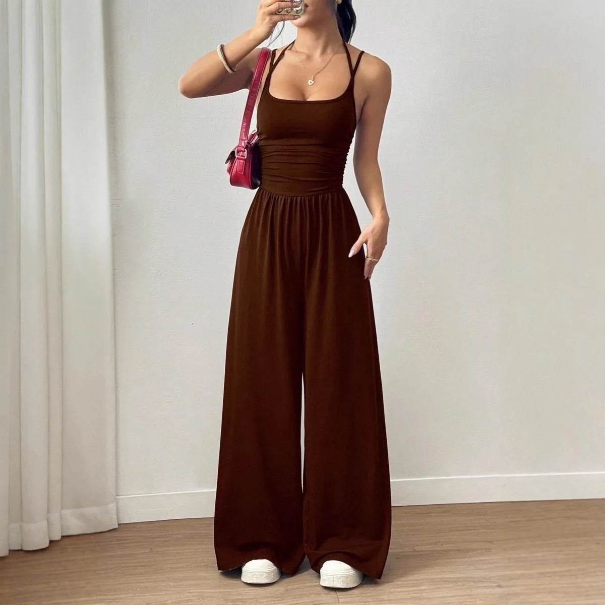 Solid Color Double-Strap Relaxed-Fit Jumpsuit
