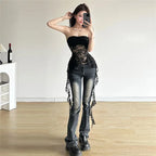 Lace Irregular Hem One-Shoulder Strap Bodycon Tank Top
