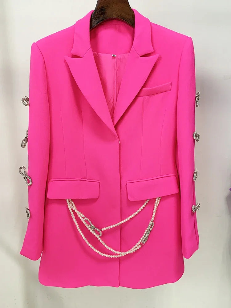 Pearls Chain Diamonds Beaded Hollow Out Bow Sleeve Blazer Dress