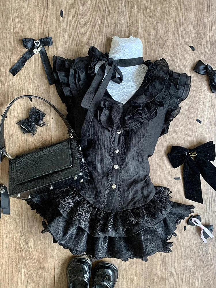 Bow Knitted Cardigan + Ruffles Plaid Mini Skirt Set