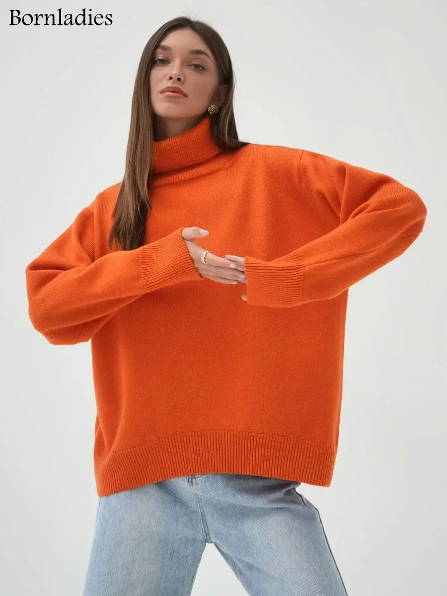Bornladies Jersey de cuello alto para mujer CHIC Otoño Invierno Jersey grueso y cálido para mujer Jersey de punto holgado informal de gran tamaño para mujer