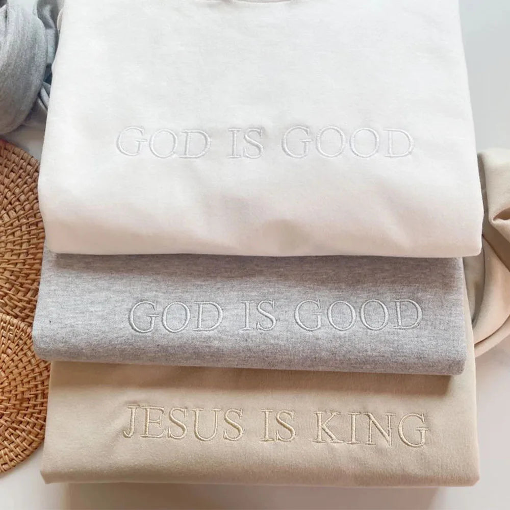 Sudaderas informales bordadas con letras "God is Good" para mujer, jerséis finos de algodón, holgados de primavera, sudadera cristiana de manga larga