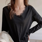 Camiseta Sexy de Encaje con Manga Larga para Mujer, Todo a Juego, Holgada, con Cuello en V, Jersey para Mujer, Primavera Otoño, Blusas Básicas de Color Sólido para Mujer