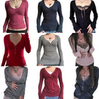 Camiseta retro grunge cottage de los 2000, punto acanalado de otoño, manga larga, corte entallado, estilo Y2K, hada, años 90, vintage, cuello de pico, crop tops para mujer