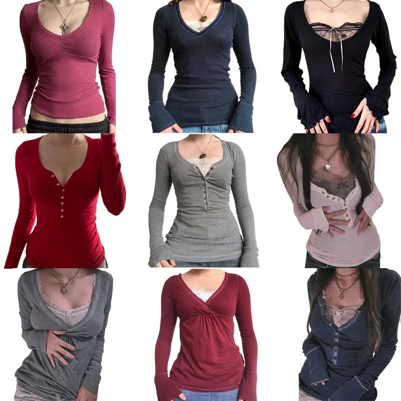 Camiseta retro grunge cottage de los 2000, punto acanalado de otoño, manga larga, corte entallado, estilo Y2K, hada, años 90, vintage, cuello de pico, crop tops para mujer