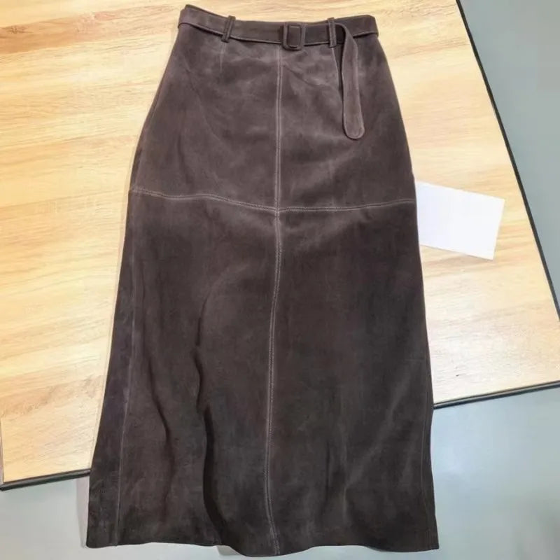 Genuine Leather Suede Long Skirt