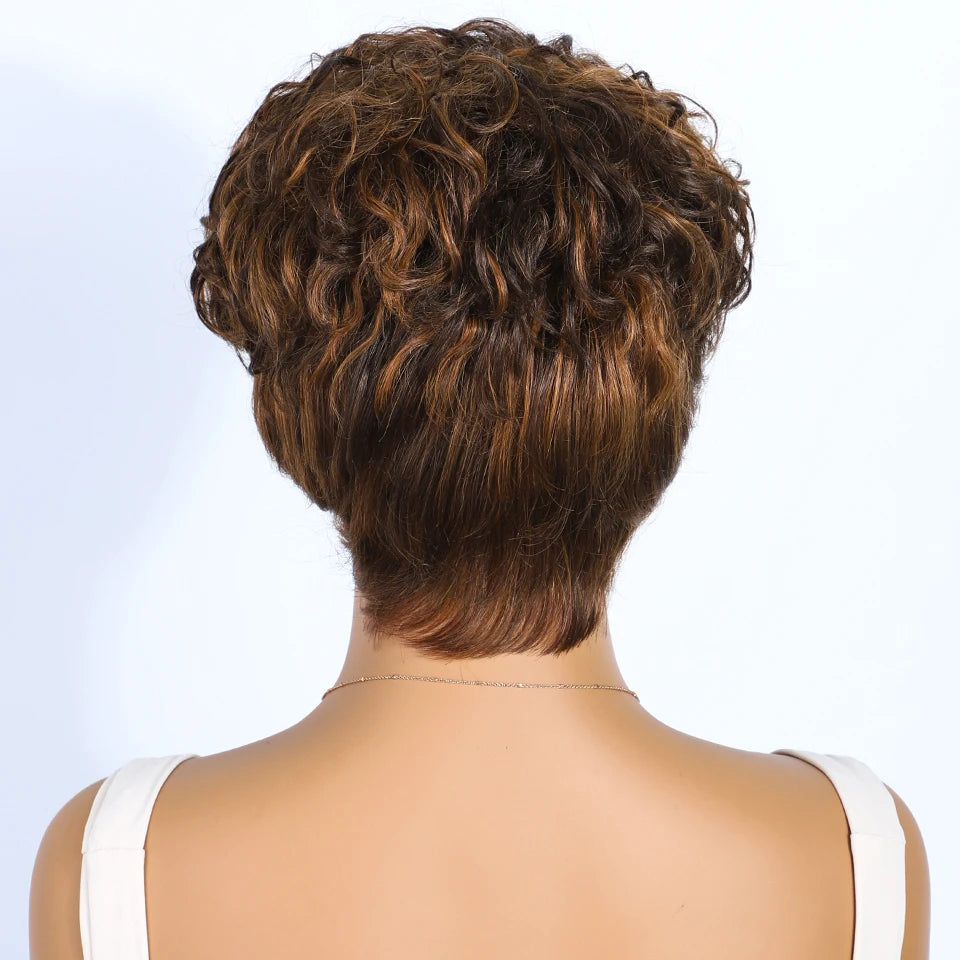 Mixed Brown Short Pixie Cut Curly 100% Human Hair Wig For Women Brazilian Remy Hair Colored Side Part Full Machine Wigs