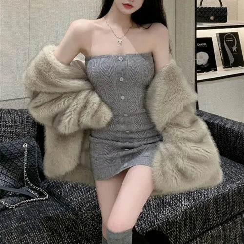 Off-Shoulder Button-Front Tube Mini Dress