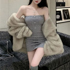 Off-Shoulder Button-Front Tube Mini Dress
