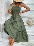 Vestido sin mangas fruncido en el busto y con dobladillo con volantes para mujer - Vestido de tirantes ajustado sexy de verano para fiestas y playa