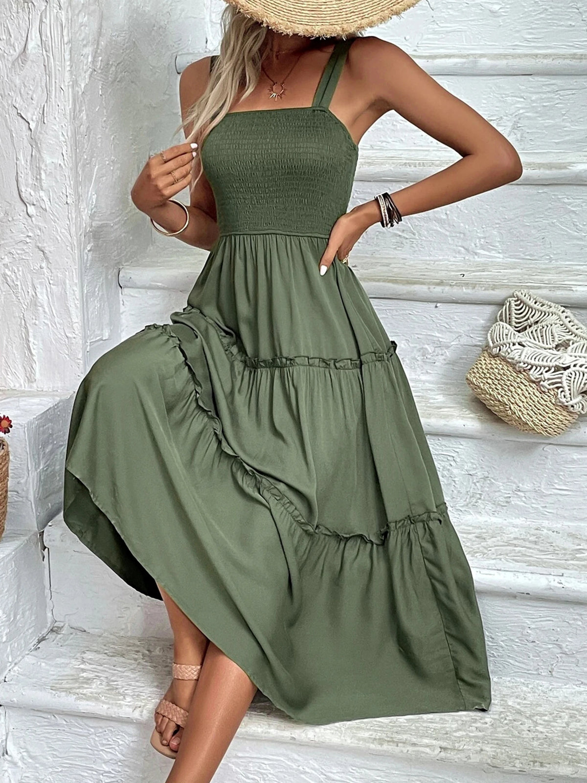 Vestido sin mangas fruncido en el busto y con dobladillo con volantes para mujer - Vestido de tirantes ajustado sexy de verano para fiestas y playa