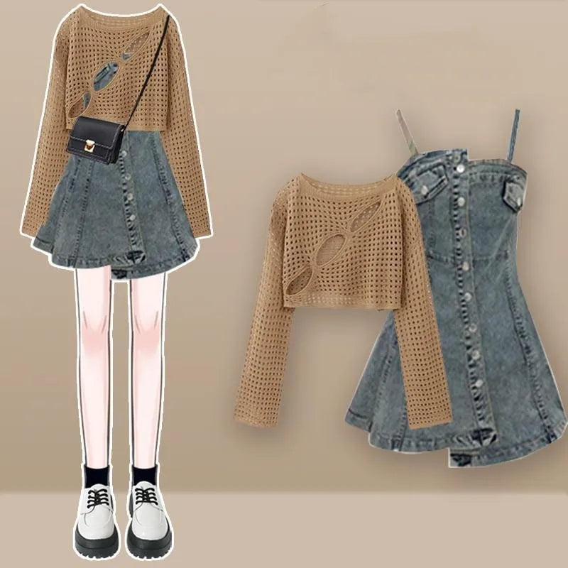 Hollow Long Sleeve Top + Denim Strap Skirt Set