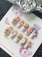 Uñas Postizas Kawaii con Diseño 3D de Oso Cuadradas Cortas