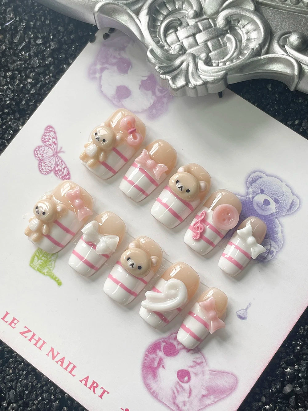 Kawaii Short Square Shape 3D Doll Bear Press On Nails