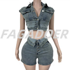 Sleeveless Cargo Pocket Patchwork Crop Top + High Waist Short Set