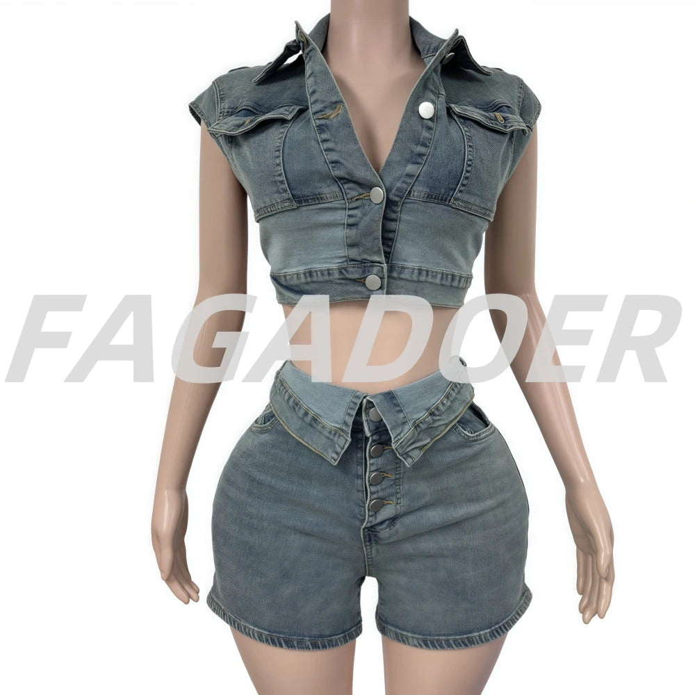 Sleeveless Cargo Pocket Patchwork Crop Top + High Waist Short Set